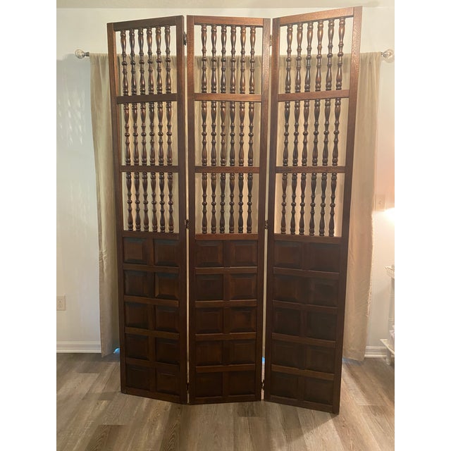Mid Century Wooden Room Divider Room Screen Walnut With Spindle and