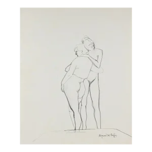 Nude Figures Embracing 1950-60s Charcoal & Graphite