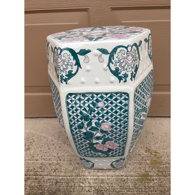 Ceramic Late 20th Century Chinoiserie Floral Green and Pink Porcelain Garden Stool or Side Table For Sale - Image 7 of 9