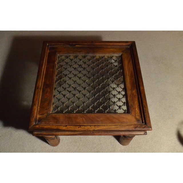 Gothic Antique Spanish Gothic Style Side Table Iron Lattice Textured Glass Top Large For Sale - Image 3 of 9