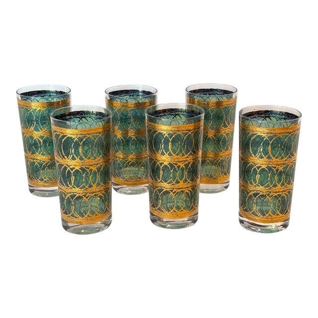 1970s Georges Briard 22k Emerald Tumblers, Set of 6 For Sale