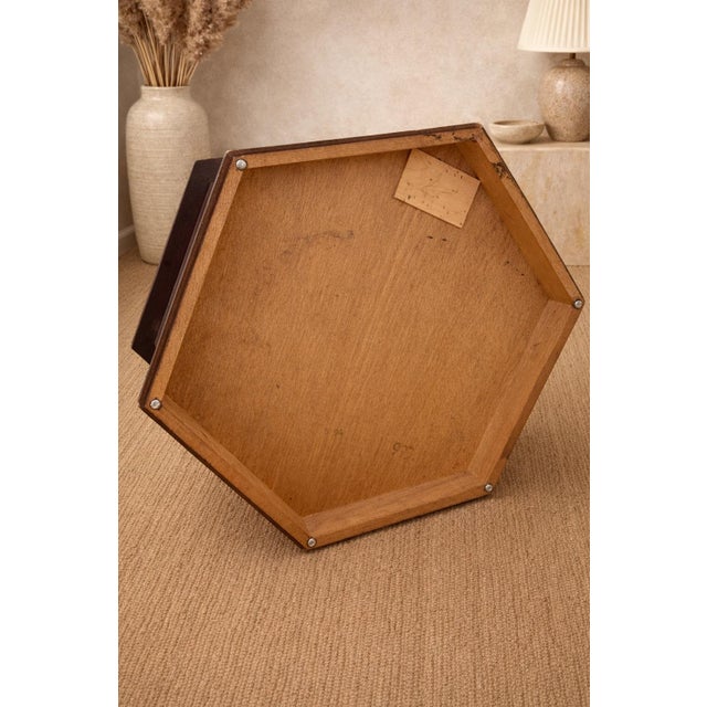 Vintage Hollywood Regency Hexagonal Carved Wood Accent Cabinet With Velvet Panels, C. 1970s | Elaine R. Estate For Sale - Image 4 of 6