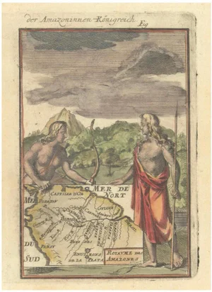 Hand-Colored Miniature Mallet Map of Amazon River and Kingdom of Amazons, 1684