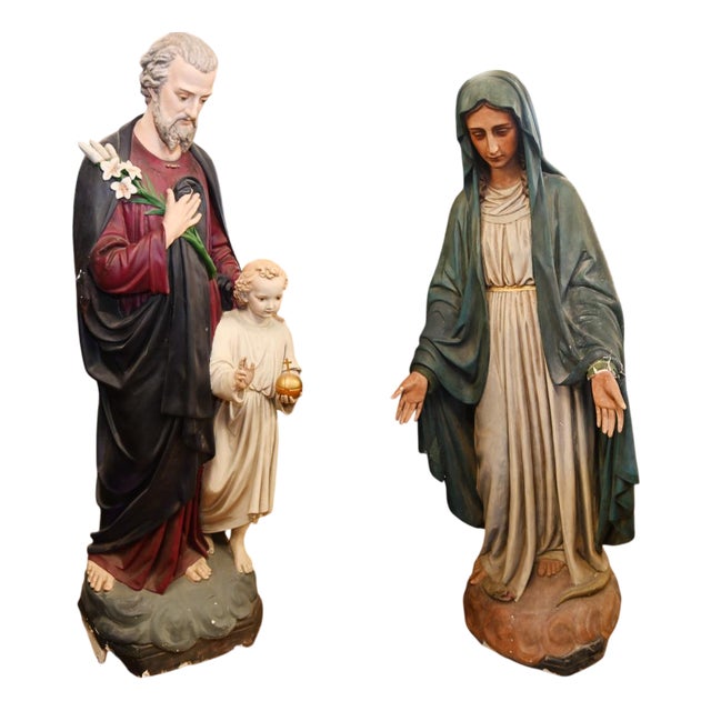 Lifesize Italian Mary and Joseph & Jesus Statues, 1920s, Plaster, Set of 2 For Sale