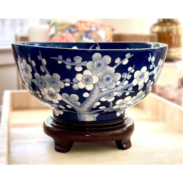 Chinese Cherry Blossom Bowl on a Wooden Stand For Sale - Image 11 of 11