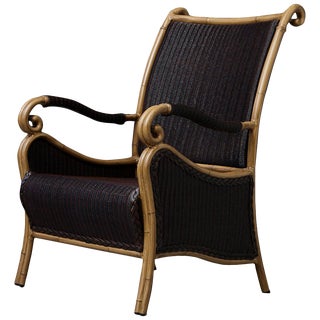Black Wicker Armchair With Painted Faux Bamboo Wood Frame by Ebel For Sale