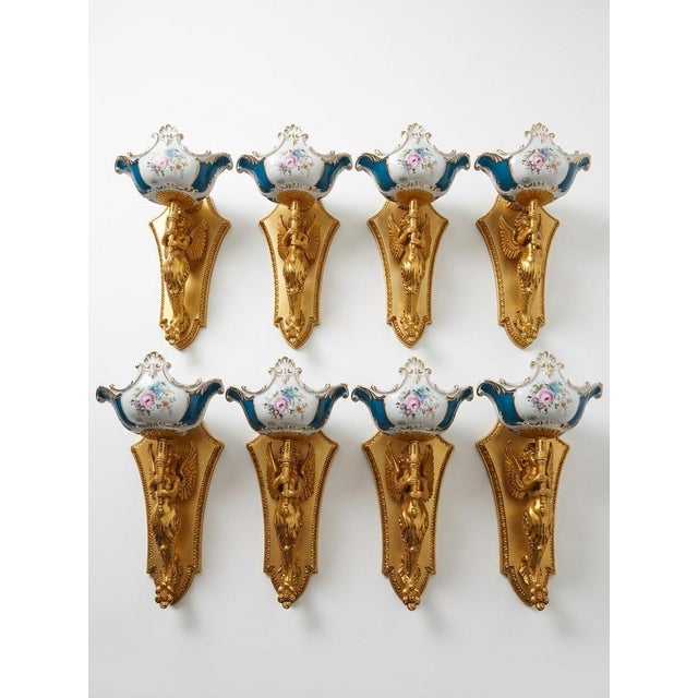 Vintage Wall Lights in Gold-Plated Brass and Cobalt Blue Porcelain, 1990, Set of 8 For Sale - Image 3 of 12