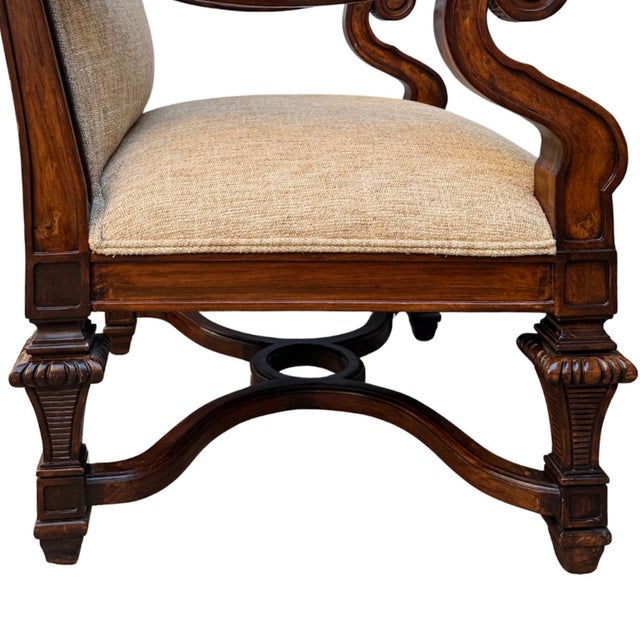 1980s Neoclassical Hand-Carved Mahogany Armchairs With Rolled Arms & X-Stretcher - A Pair For Sale - Image 11 of 14