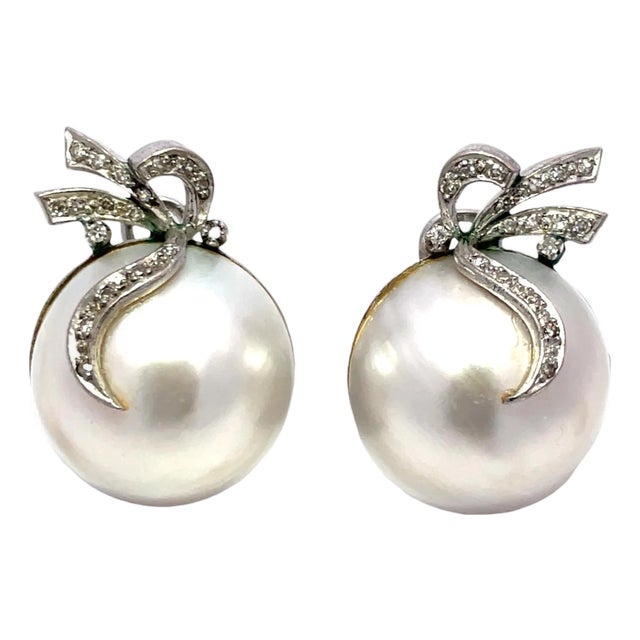 Large Pearl Earrings With Diamond Bow Tops in Silver, A Pair For Sale