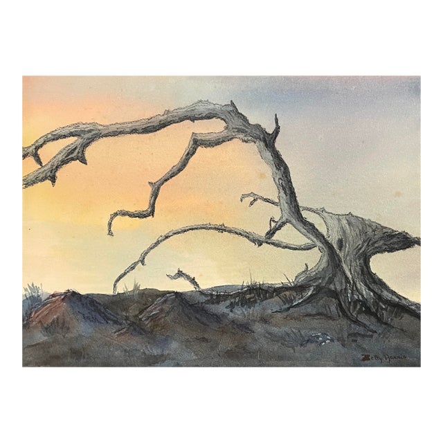 1960s Betty Harris Weathered Wood Watercolor Painting For Sale