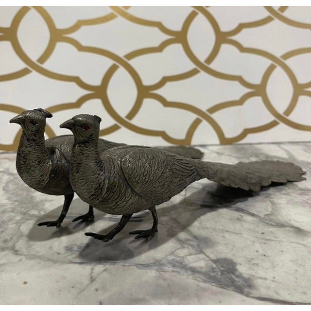 Pair of Silverplated Pewter Peacock Table Ornaments For Sale - Image 10 of 12