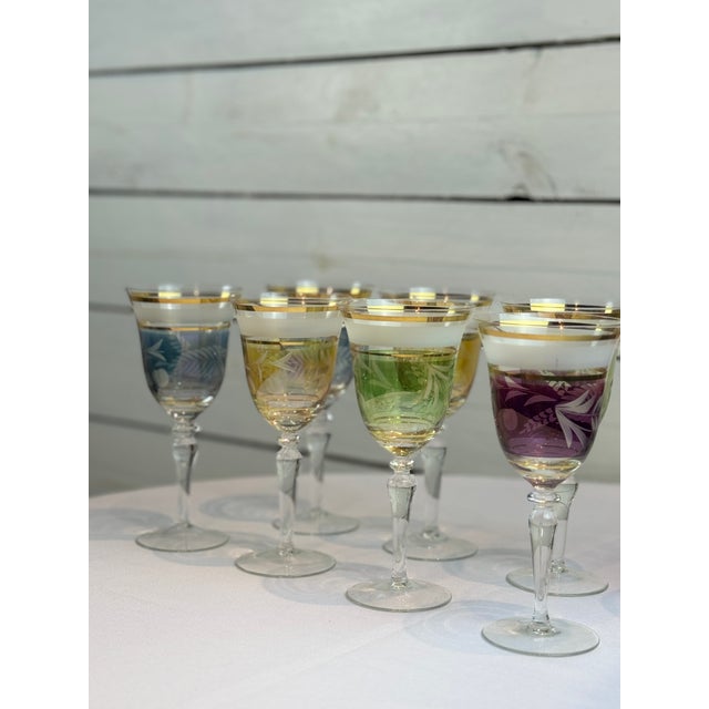 Mid-Century Colored Cut Glass Wine Goblets With Cherry and Leaf Motifs - 4 Different Colors - Set of 8 For Sale - Image 4 of 10