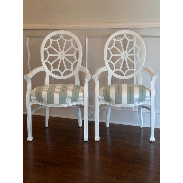 2000 - 2009 Pair of White Oval Spider Back Chairs Newly Upholstered in Schumacher Green & White Audrey Stripe For Sale - Image 5 of 8