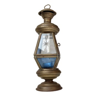 Art Deco Lantern in Brass and Etched Colored Glass, 1930s For Sale