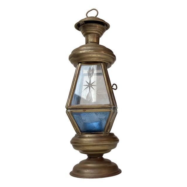Art Deco Lantern in Brass and Etched Colored Glass, 1930s For Sale
