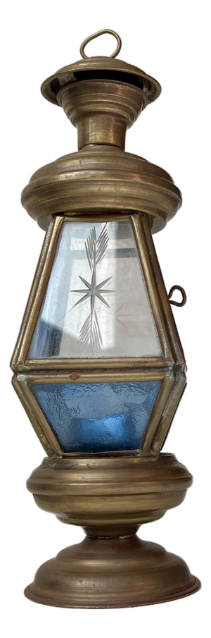 Art Deco Lantern in Brass and Etched Colored Glass, 1930s