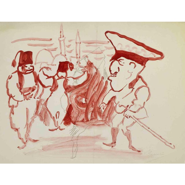 Mino Maccari, The General, Watercolor & Linocut, Mid 20th Century For Sale