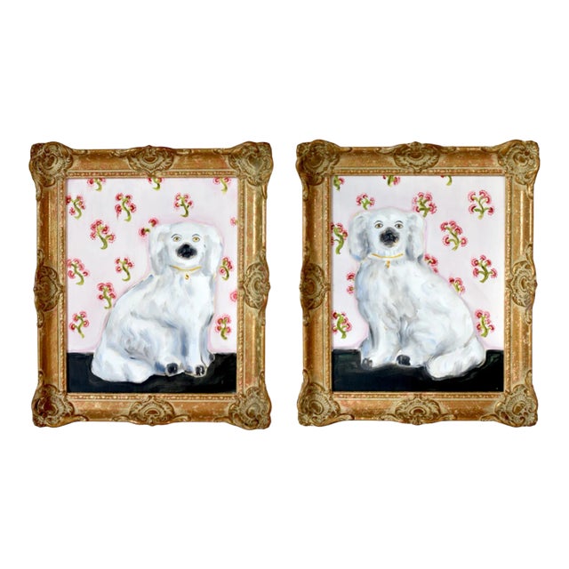 Chloe & Charles the White Staffordshire Dogs Portraits by Susannah Carson For Sale