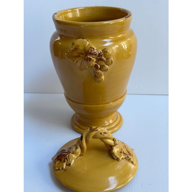 1980s Arte Italica "Sole Mustard" Ceramic 13" Tall Yellow Jar With Lid Grapes Leaves Design Made in Italy For Sale - Image 4 of 18