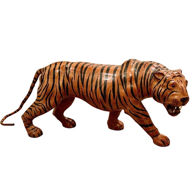 Orange 1960s Vintage Leather Wrapped Tiger Sculpture. For Sale - Image 8 of 8