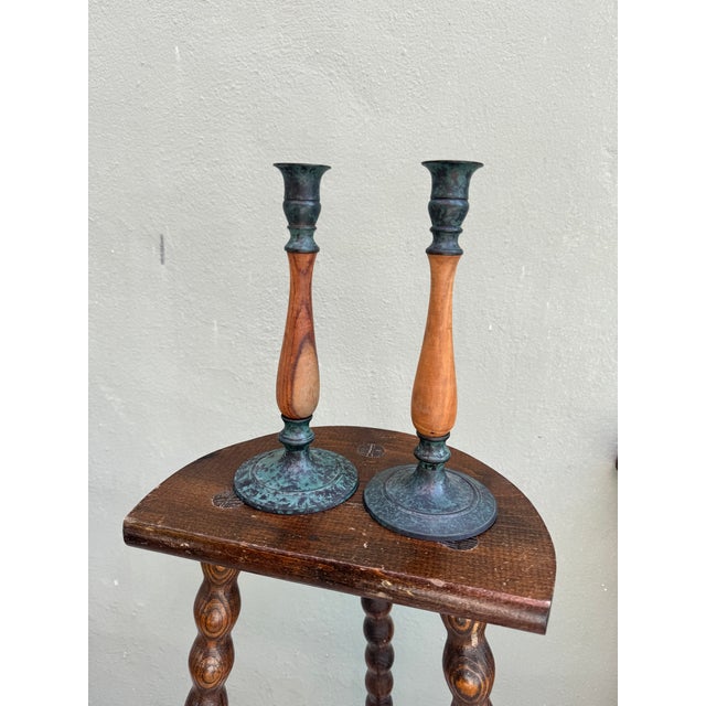 Brown Vintage Scandinavian Wood & Verdigris Patina Candlesticks, a Pair — Rustic Modern For Sale - Image 8 of 9