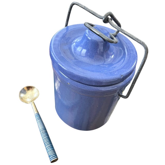 Digoin & Sarreguemines Vintage French Country Periwinkle Blue Ceramic Lidded Canister & Striped Spoon After Digoin Sarreguemines For Sale - Image 4 of 13