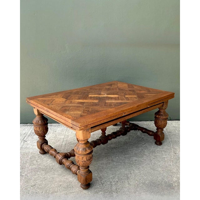 Vintage Spanish Carved Wood Parquet Extendable Dining Table For Sale - Image 10 of 13