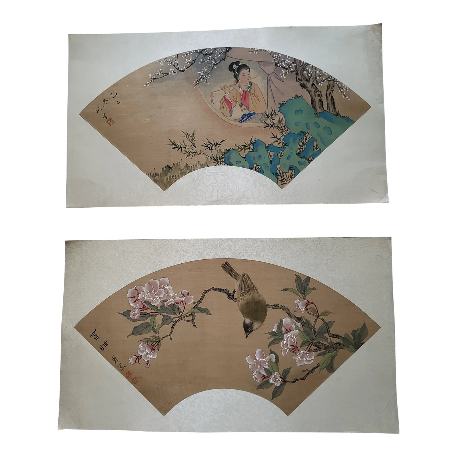 1980s Set of Two Chinese Fan Shaped Paintings Chairish