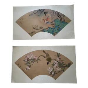 1980s Set of Two Chinese Fan Shaped Paintings