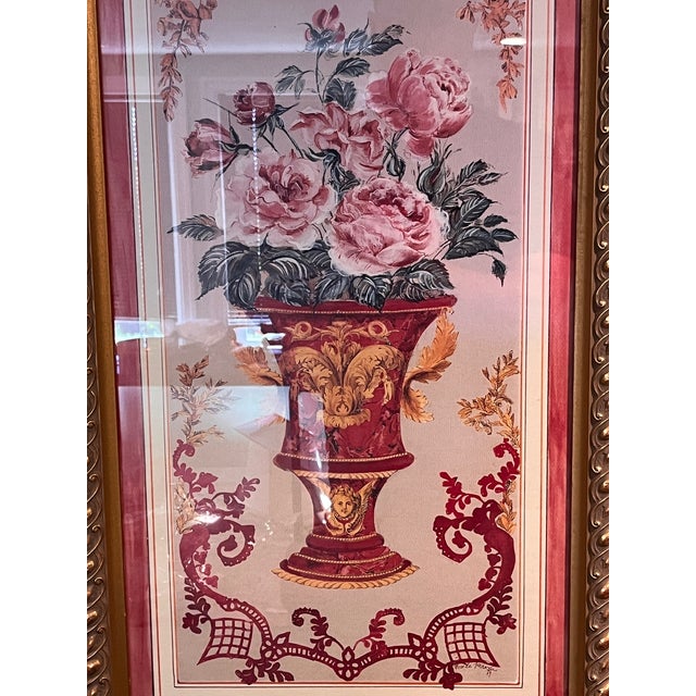 Pink Vintage Neoclassical Floral Urn Framed Art Print Signed Farespi 17x32 For Sale - Image 8 of 10