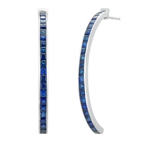 Hoop 14 Karat Gold Earrings Meticulously Crafted Square Shaped Sapphires - 2 Pieces For Sale