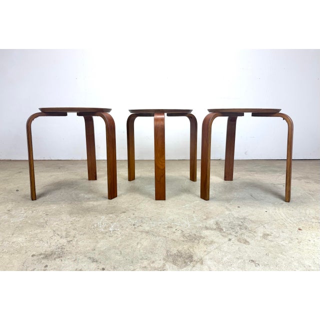 Mid Century Modern Alvar Aalto Style Teak Stacking Stools Side Tables Restored—Set of 3 For Sale - Image 9 of 12