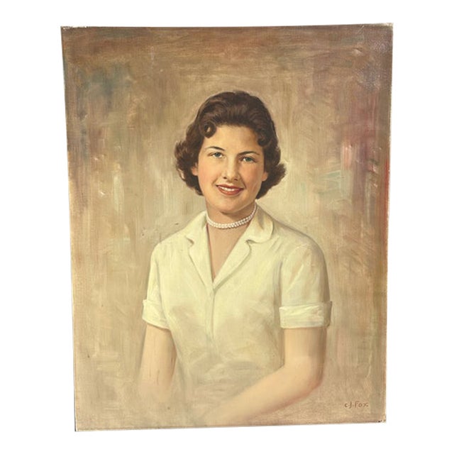 Vintage Portrait Painting of a Woman on Canvas, Signed by the Artist For Sale