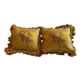 Pair of Italian Satin Silk Damask Cheetah Leopard Pillow Tassel Trim Tuscany Florence For Sale