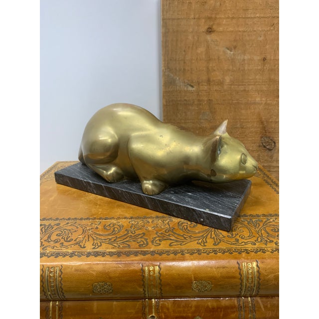 Vintage 1960s Brass Crouching Cat on Black Marble Base For Sale - Image 4 of 6