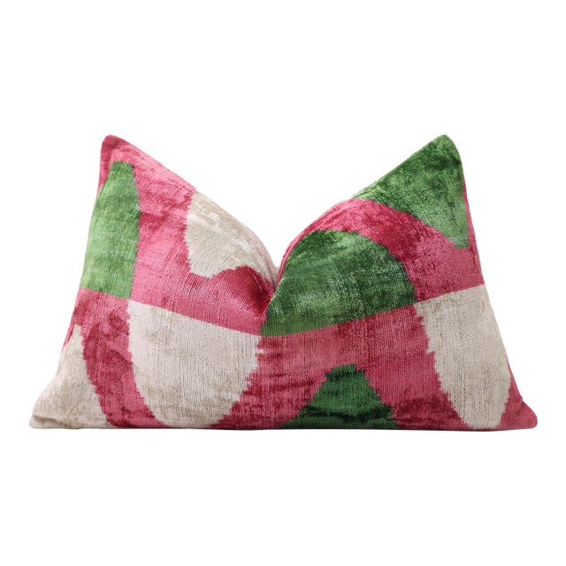 Hand-Knotted Silk Velvet Ikat Lumbar Pillow - 16x24 Pink & Grass Green For Sale