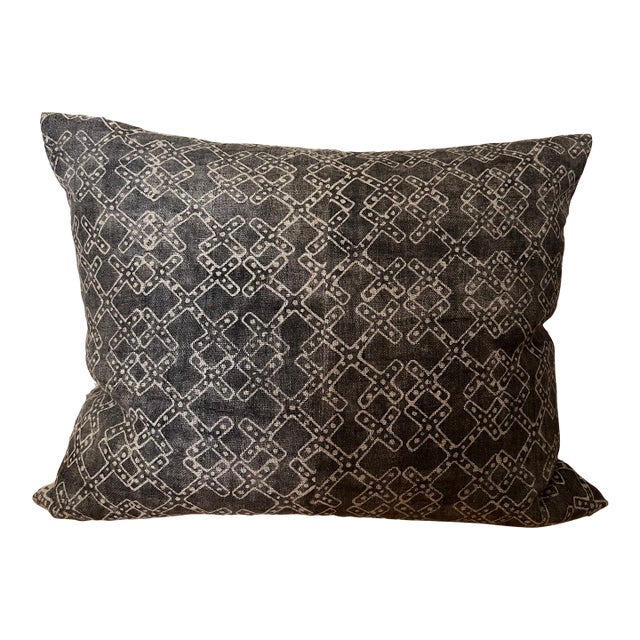 Grey Cross Batik Hemp Linen Pillow For Sale