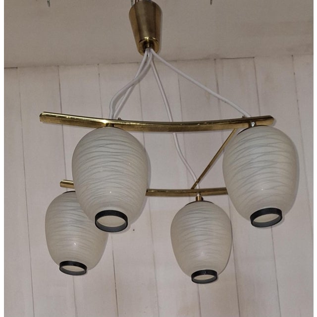 Mid-Century Japanese Ceiling Lamp with Pagoda-Shaped Brass Frame and Lantern Glass Shades, 1960s For Sale - Image 6 of 8