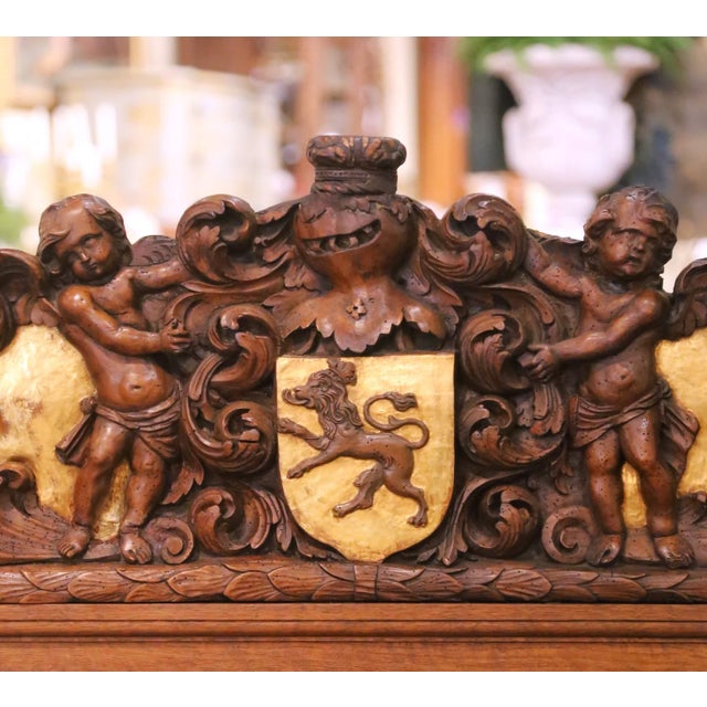 Mid 19th Century 19th C. French Renaissance Carved Oak and Gilt Hall Bench With Heraldic Crest For Sale - Image 5 of 8