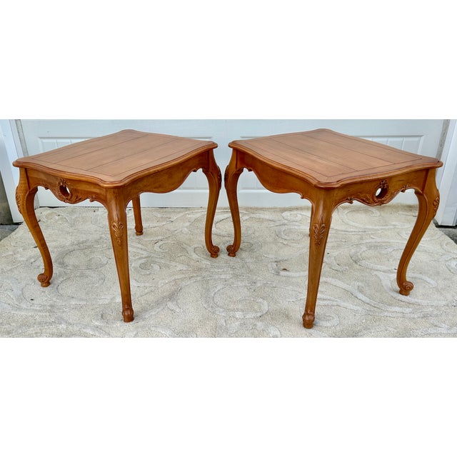 Vintage Pair of Ethan Allen Country French Syle Carved Side Tables For Sale - Image 12 of 15