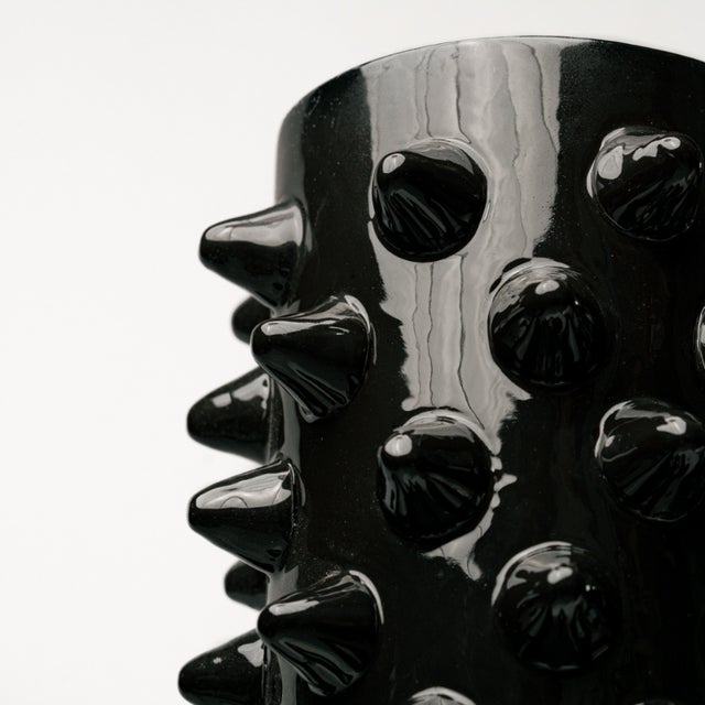 Mid-Century Modern Brutalist Black Ceramic Vase with Spike Details and Contrasting Base, 1990s, Set of 2 For Sale - Image 3 of 4
