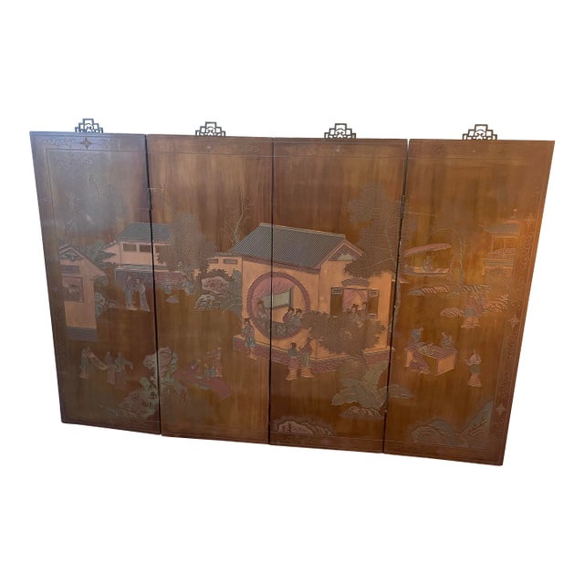 Early 20th Century Four Panel Wood Chinese Asian Coromandel Screen or Wall Art With Etched Landscape Scene For Sale
