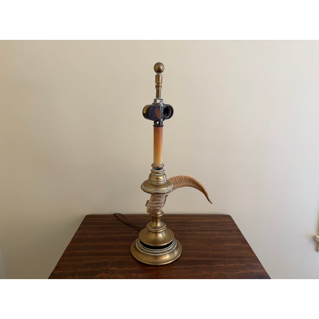 1970s Faux Ram’s Horn & Brass Table Lamp in the English Country House Style For Sale - Image 10 of 12
