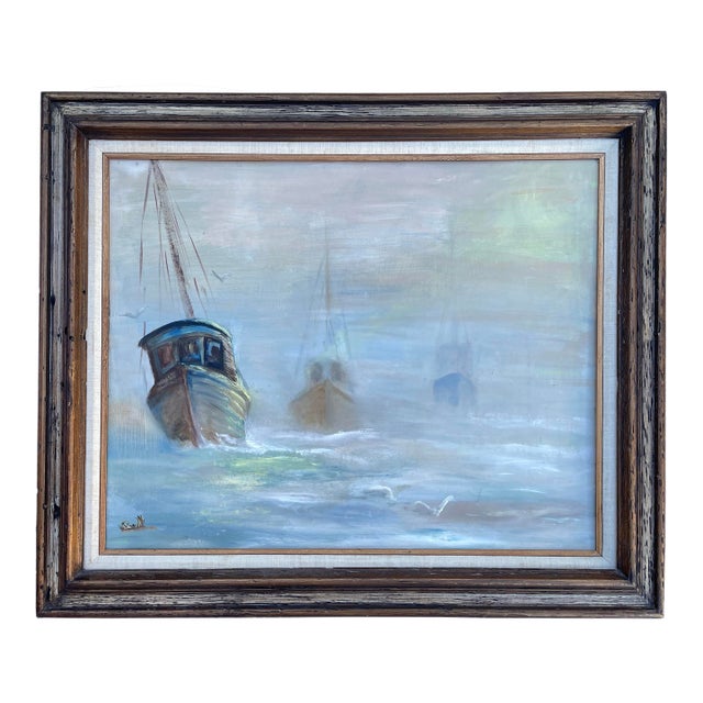 Nautical Seascape Fishing Boats Framed Vintage Oil on Board For Sale