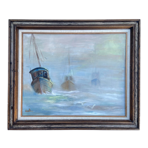 Nautical Seascape Fishing Boats Framed Vintage Oil on Board