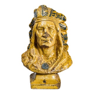 Expressive Majolica Bust Statue Native American Indian Chief Rich Antique Character Western For Sale
