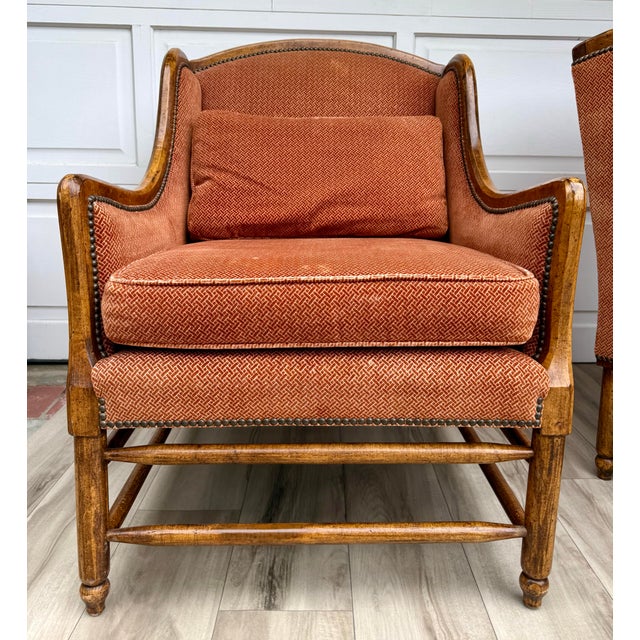 Pair of Vintage Cal-Mode French Walnut Lounge Chairs in Terracotta Upholstery For Sale - Image 14 of 16