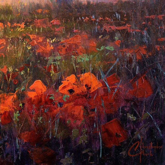 Field of Memories by Christopher Clark | Oil on canvas Landscape with poppies and trees at sunset For Sale - Image 4 of 4