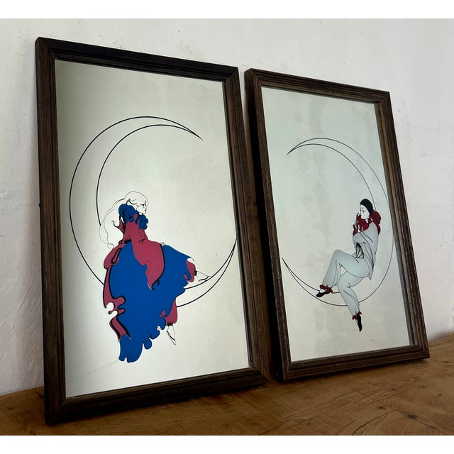 Vintage Art Deco Mirrors with Pierrot Harlequin on Crescent Moon Artwork, 1970s, Set of 2 For Sale - Image 3 of 17