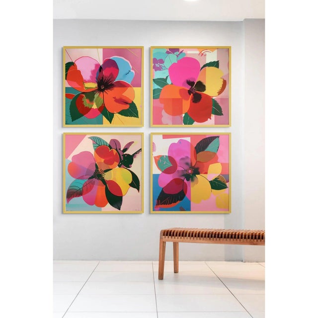 A vibrant and sophisticated collection of four botanical photograph prints that reinterprets the timeless beauty of...